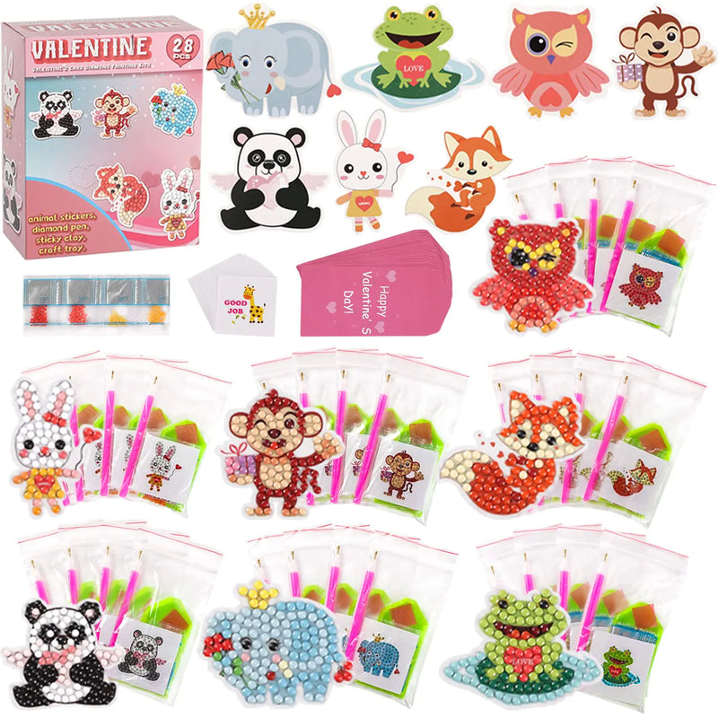 Valentines Day Cards for Kids - 28pcs Diamond Animal Craft Kits Valentines Cards Kids Valentines Day Cards with 7 Different Gem Stickers for School Classroom Valentines Gifts Exchange Decorations
