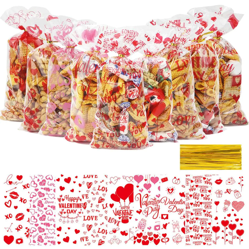 Finphoon 198 Pcs Valentines Treat BagsValentines Cellophane Goodie Bags9 Styles Valentines Gift Bags for Valentines Wedding Party Favor Supplies