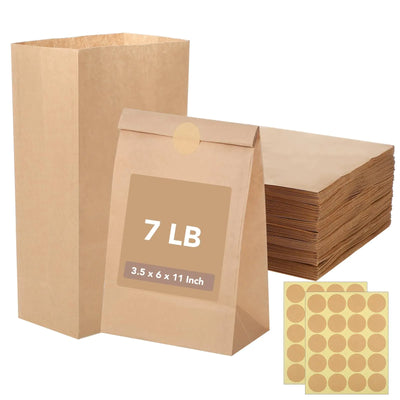 200 Pack Brown Gift Bags 7 LB Paper Lunch Bags Advent Calendar Bags with 200 Pcs Stickers for DIY Crafts Valentines Day Gift Packaging