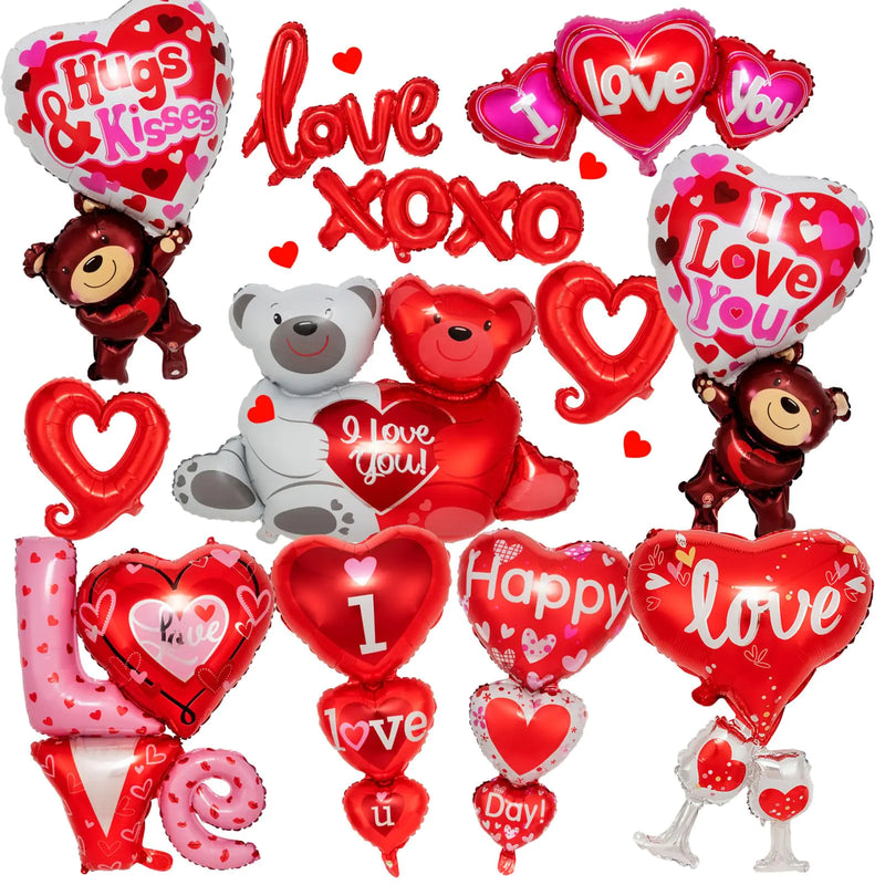 12 Pieces Valentines Day Balloons Large I Love You Foil Balloons Romantic Red Heart Shape Lip Mylar Balloons for Special Night Party Decorations