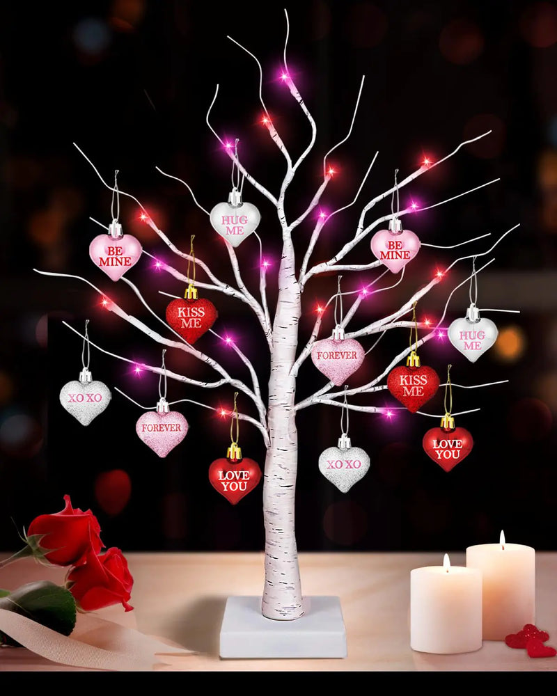 Valentines Day Decorations 24 Inch Lighted Valentines Decor Tree with 12 Heart Ornament Timer/USB/Battery Operated Valentines Decoration Tree Valentines Day Decor for Home Table Bedroom Party