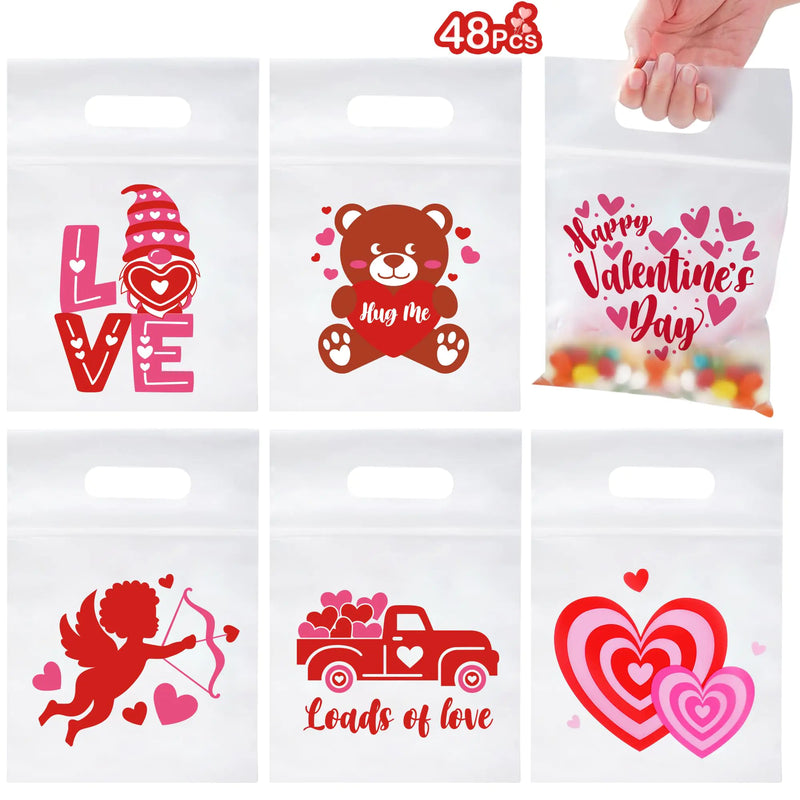 48Pcs Valentines Day Gifts Bags for Kids Valentines Day Candy Treat Bags for Kids Valentines Day Goodie Bags for Kids School Classroom Exchange Valentines Party Favor Cellophane Valentines Goody Bag