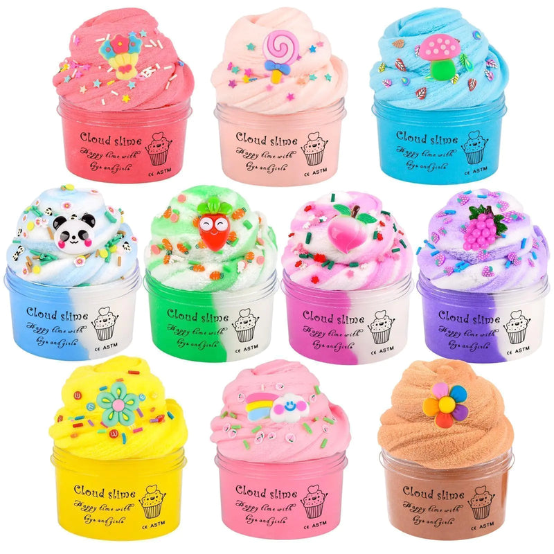 10 Pack Valentines Day Cloud Slime Kit with Blue Cake Fruits Animals and Pink Charms Scented DIY Butter Slime Supplies for Girls and Boys Stress Relief Toy for Kids Education Birthday Party Favor