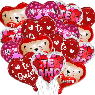 16Pcs Valentines Day Party Balloons Red Heart Shaped Foil Balloons Spanish Te Amo Mylar Balloons for Valentines Day Mothers Day Anniversary Wedding Proposal Birthday Party Decorations Supplies
