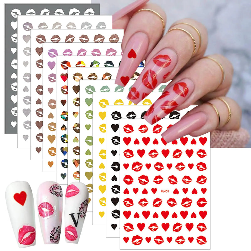10 Sheets Valentines Day Nail Art Stickers Sexy Lips Nail Decals 3D Holographic Heart Nail Stickers Self-Adhesive Design Black White Gold Silver Laser Valentines Stickers for Women Nail Decoration