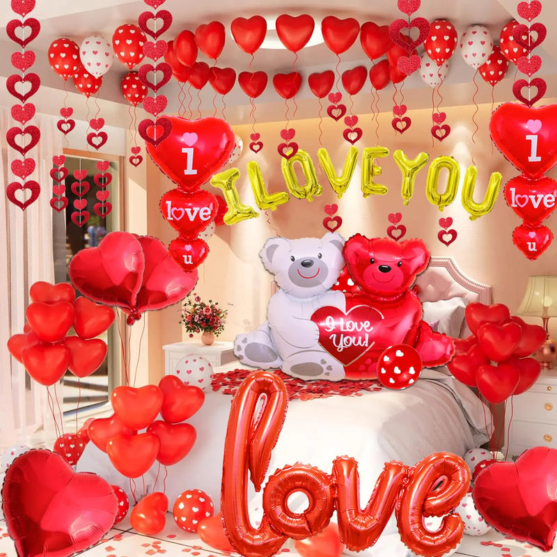 1024Pcs Valentines Day Balloons Kit with I love You Balloons Red Heart Balloons Bear Balloon Red Rose Petals Heart Pendants for Valentines Day Balloons Decorations Anniversary Decorations Romantic