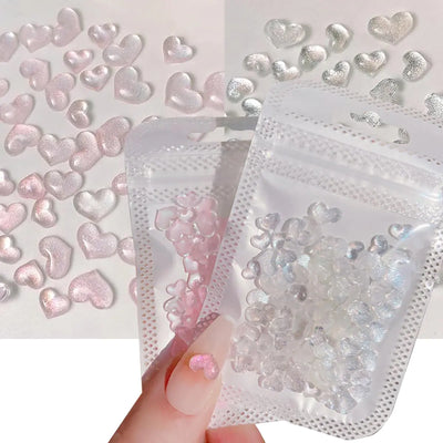 200 Pcs Glitter Clear Pink Heart Nail Art Charms Mixed Size 3D Love Hearts Nail Rhinestones Resin Crystal Nail Jewelry Acrylic Nail Supplies Women Valentines Day Manicure Decoration Accessories