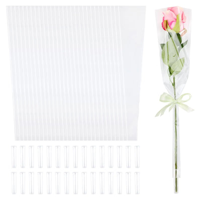 200 PCS Single Flower Sleeves Wrapping Bags with Floral Water Tubes for Bouquets Single Rose Florist Bouquet Packaging Bags for Birthday Valentines Day Wedding Mothers Day Gifts