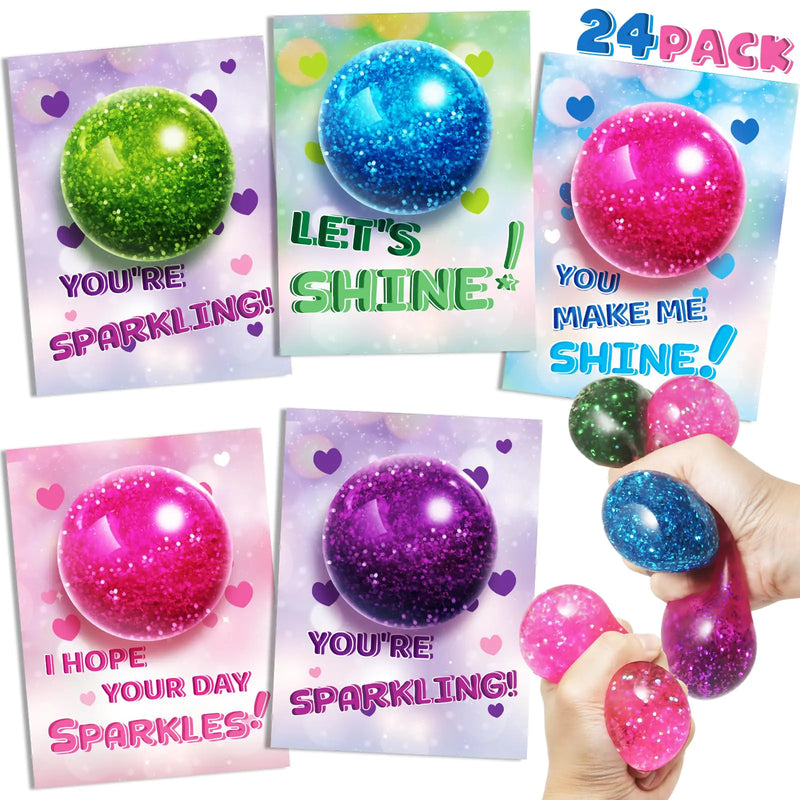 24 Pack Valentines Day Cards with Stretchy Balls Valentines Cards for Kids Squeeze Toy for Classroom School Valentines Gifts Exchange Valentines Party Favor Prizes for Boys Girls
